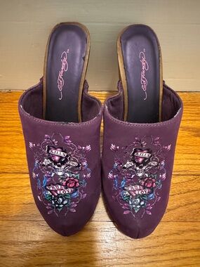Ed Hardy Portland Purple Floral Skull Mules